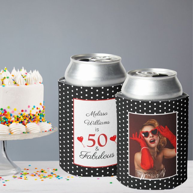 50 & Fabulous Birthday Photo 50th Party BLK White Can Cooler (Creator Uploaded)