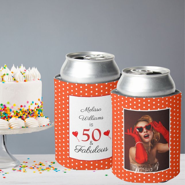 50 & Fabulous Birthday Photo 50th Party Orange WH Can Cooler (Creator Uploaded)