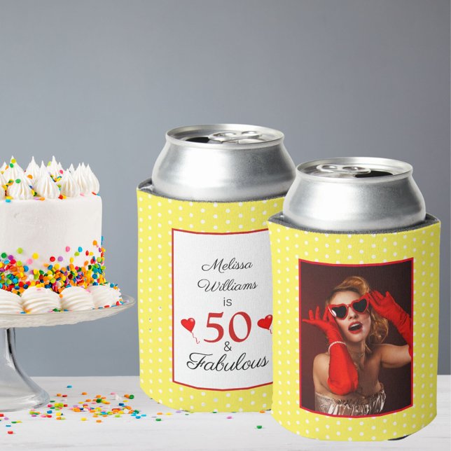 50 & Fabulous Birthday Photo 50th Party Yellow WH Can Cooler (Creator Uploaded)