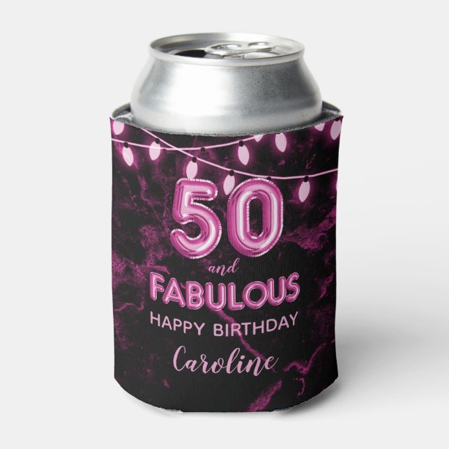 50 & Fabulous Birthday Pink & Black Balloon Lights Can Cooler (Can Front)