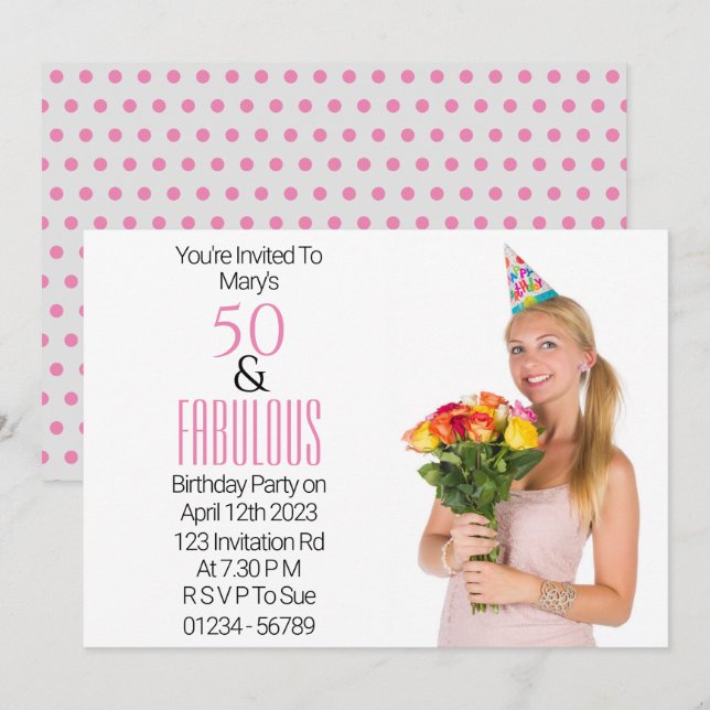 50 Fabulous Birthday Pink Black Text Party Invitation (Front/Back)