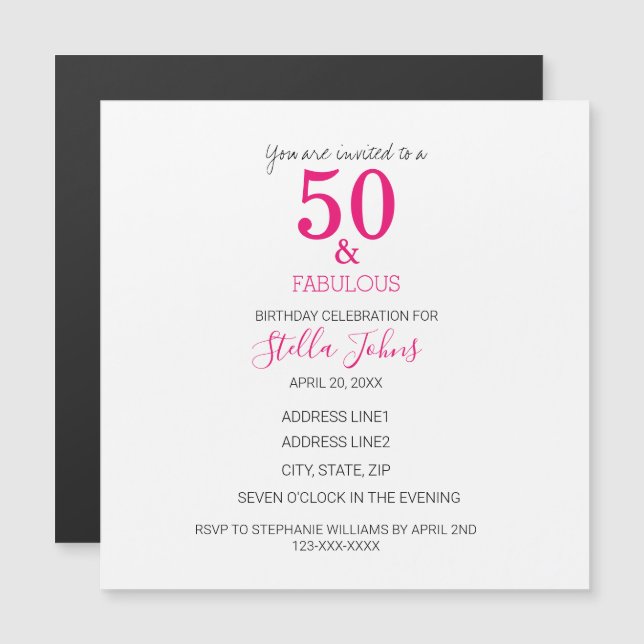 50 & Fabulous Birthday Pink Fuchsia White Magnetic Invitation (Front/Back)