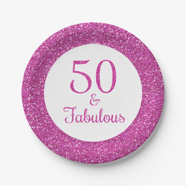 50 & Fabulous Birthday Pink Glitter Paper Plate (Front)