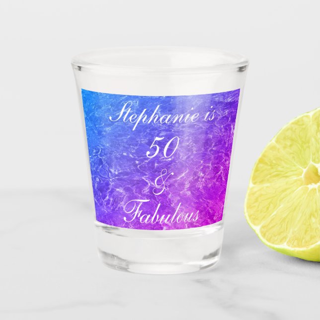 50 Fabulous Birthday Pink Purple Water Sparkle Shot Glass (Front)