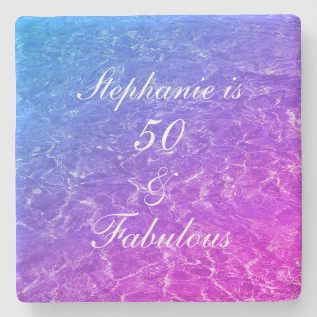 50 Fabulous Birthday Pink Purple Water Sparkle Stone Coaster (Front)