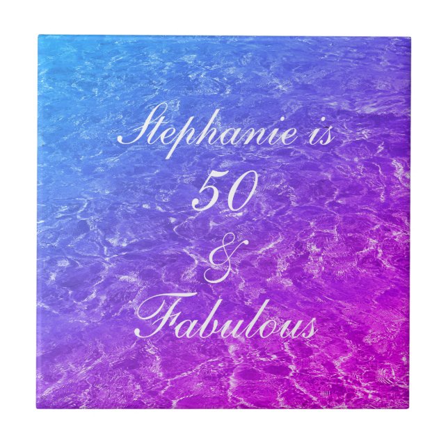 50 Fabulous Birthday Pink Purple Water Sparkle Tile (Front)