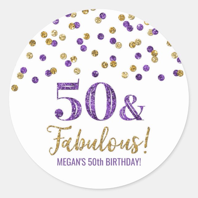 50 & Fabulous Birthday Purple Gold Confetti Classic Round Sticker (Front)