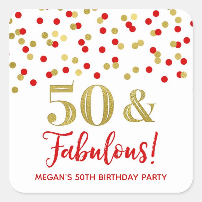 50 & Fabulous Birthday Red Gold Confetti Square Sticker (Front)