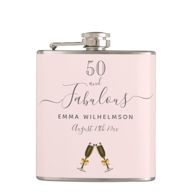 50 fabulous birthday rose gold blush pink monogram hip flask (Front)
