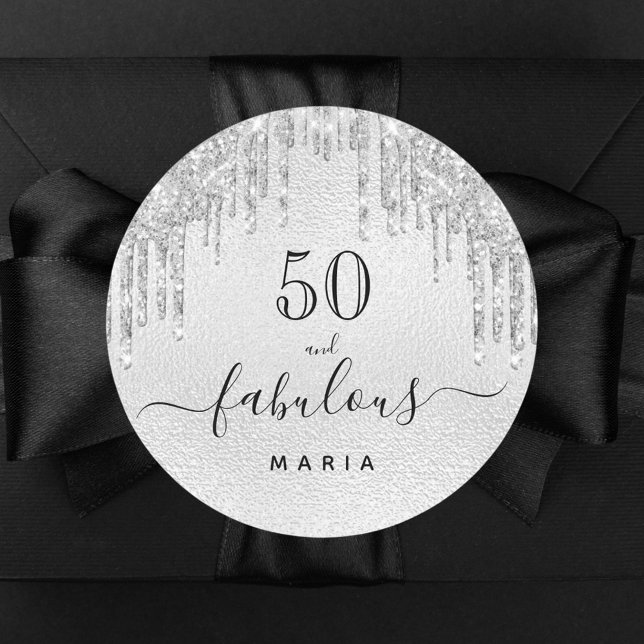 50 fabulous birthday Sparkling glitter silver name Classic Round Sticker (Creator Uploaded)