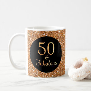 50 & Fabulous Birthday Sparkly Gold Glitter Black Coffee Mug