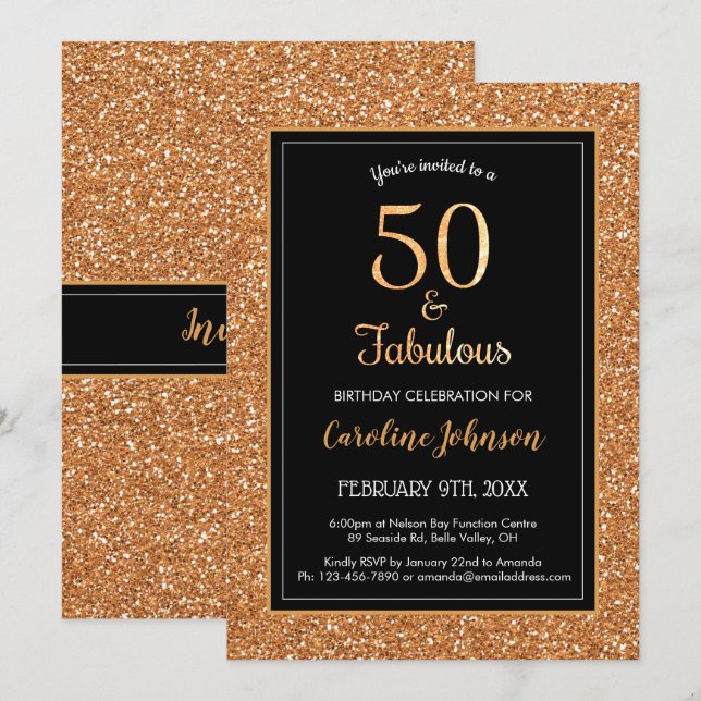 50 & Fabulous Birthday Sparkly Gold Glitter Black Invitation (Front/Back)