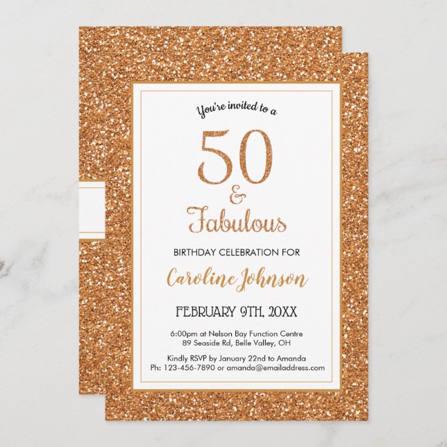 50 & Fabulous Birthday Sparkly Gold Glitter Invitation (Front/Back)