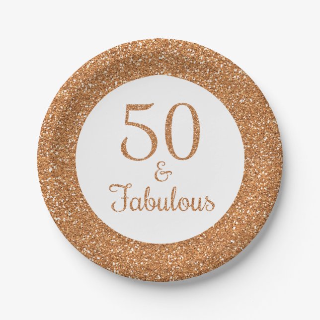 50 & Fabulous Birthday Sparkly Gold Glitter Paper Plate (Front)