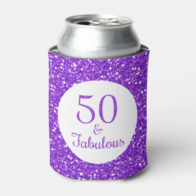 50 & Fabulous Birthday Sparkly Purple Glitter Can Cooler (Can Front)
