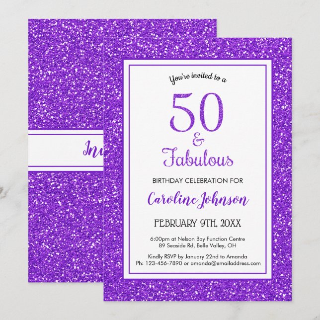50 & Fabulous Birthday Sparkly Purple Glitter Invitation (Front/Back)