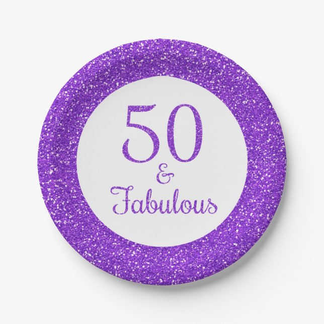 50 & Fabulous Birthday Sparkly Purple Glitter Paper Plate (Front)
