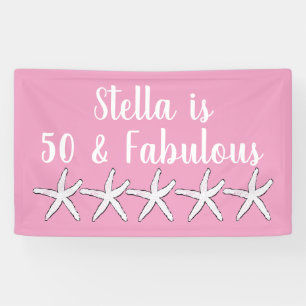 50 & Fabulous Birthday Starfish Pattern Pink White Banner