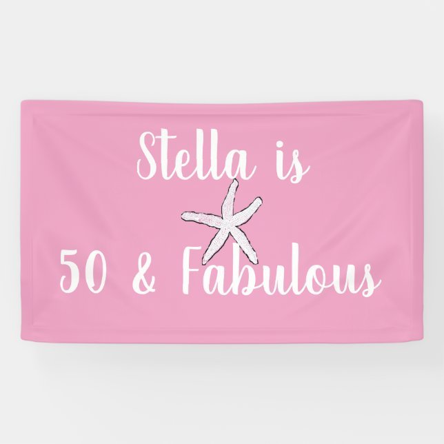 50 & Fabulous Birthday Starfish Pink White Cute Banner (Horizontal)