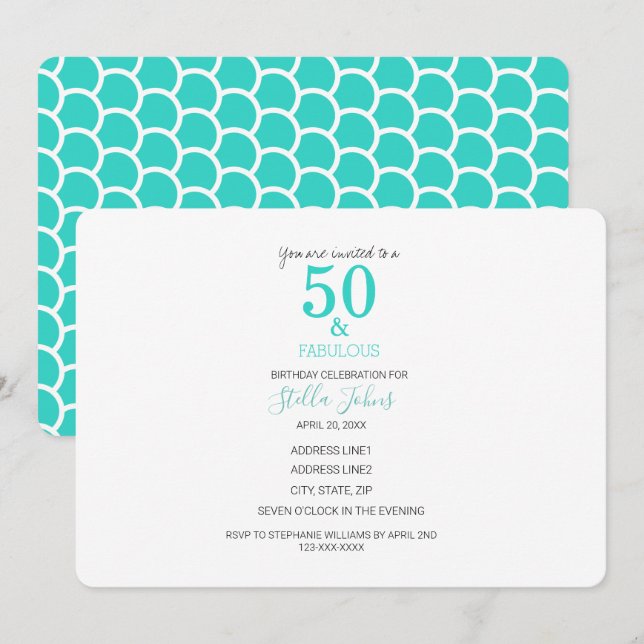 50 & Fabulous Birthday Turquoise Mermaid Beach Invitation (Front/Back)