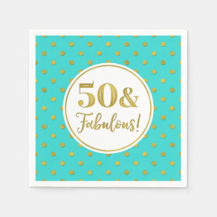 50 & Fabulous Birthday Turquoise White Gold Dots  Napkin