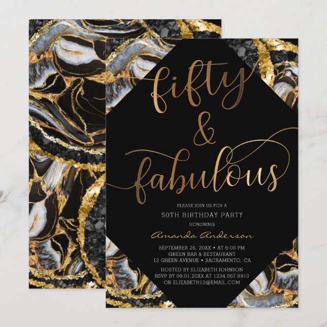 50 & Fabulous Black And Gold 50th Birthday Party Invitation (Front/Back)