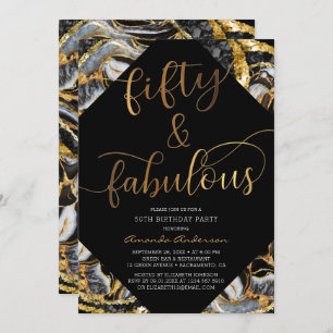 50 & Fabulous Black And Gold 50th Birthday Party Invitation