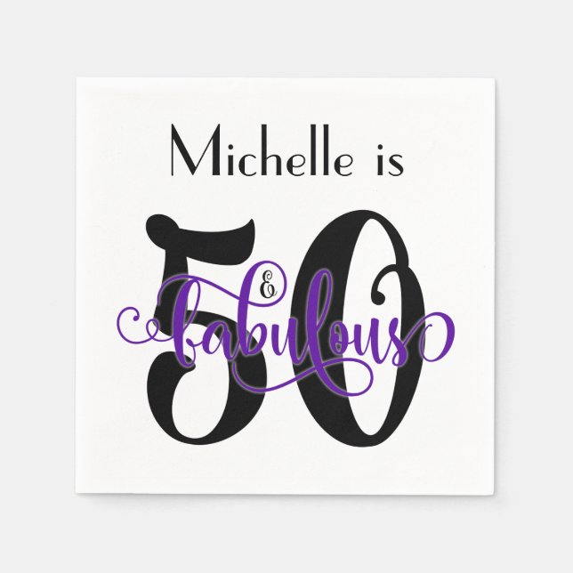 50 & Fabulous Black and Purple Typography Birthday Napkin (Front)