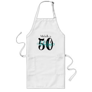 50 & Fabulous Black & Aqua Typography Birthday Long Apron