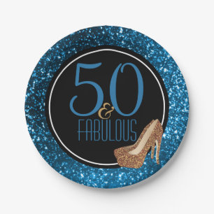 50 & Fabulous Black Blue Gold 50th Birthday Party Paper Plate