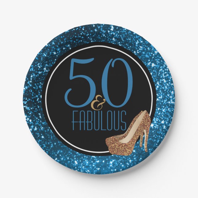 50 & Fabulous Black Blue Gold 50th Birthday Party Paper Plate (Front)
