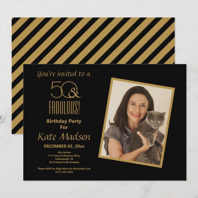 50 & FABULOUS! Black & Gold 50th Birthday Party Invitation (Front/Back)