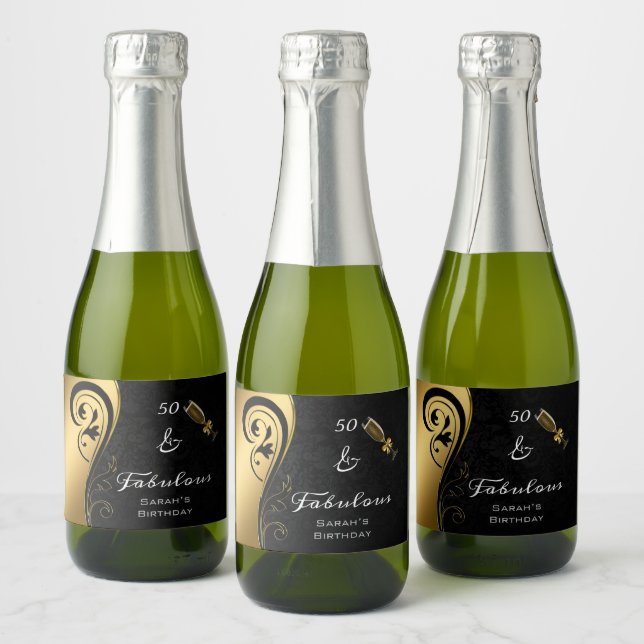50 & Fabulous Black Gold Birthday Mini Sparkling W Sparkling Wine Label (Bottles)