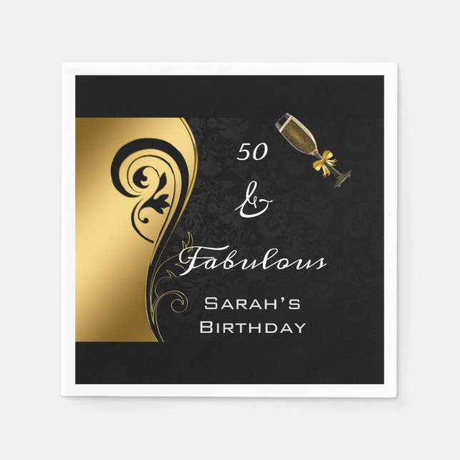 50 & Fabulous Black Gold Birthday Party Cocktail   Napkin (Front)