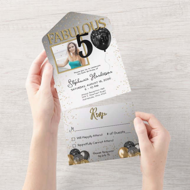 50 & Fabulous Black Gold Glam All in One Invite (Tearaway)