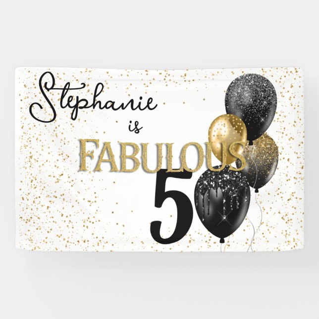 50 & Fabulous Black Gold Glam Birthday Banner (Horizontal)