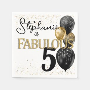 50 & Fabulous Black Gold Glam Birthday Napkin