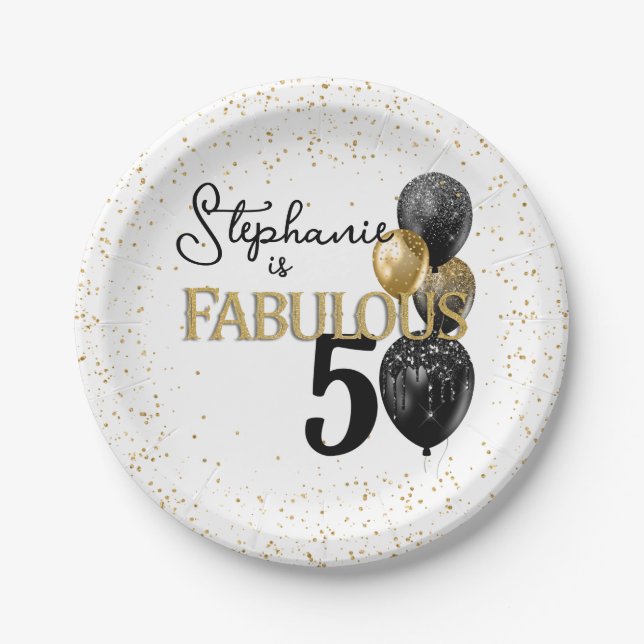 50 & Fabulous Black Gold Glam Birthday Paper Plate (Front)