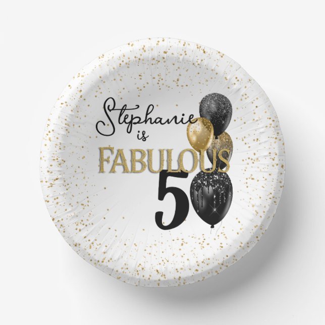 50 & Fabulous Black Gold Glam Paper Bowls Paper Plate (Front)