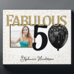 50 & Fabulous Black Gold Glam Photo Plaque<br><div class="desc">Celebrate the fiftieth birthday milestone with this elegant and glamorous black and gold birthday table top plaque. Adorned with a glitter balloon in black and a sprinkle of gold glitter. Personalize it with the birthday person's name and special high resolution photo. Matching plates, napkins, and other pieces are available as...</div>