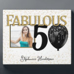 50 & Fabulous Black Gold Glam Photo Plaque<br><div class="desc">Celebrate the fiftieth birthday milestone with this elegant and glamorous black and gold birthday table top plaque. Adorned with a glitter balloon in black and a sprinkle of gold glitter. Personalize it with the birthday person's name and special high resolution photo. Matching plates, napkins, and other pieces are available as...</div>