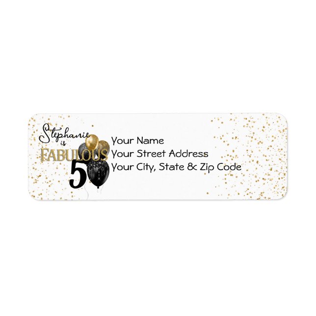 50 & Fabulous Black Gold Glam Return Address Label (Front)