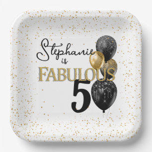 50 & Fabulous Black Gold Glam Square Paper Plate