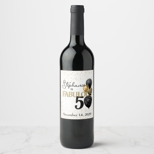 50 & Fabulous Black Gold Glam Wine Label (Front)