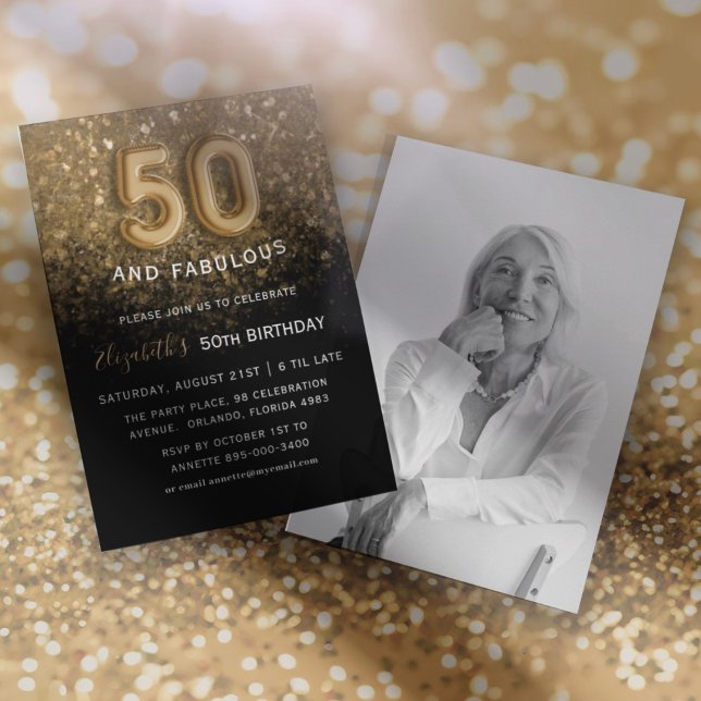 50 & Fabulous Black & Gold Glitter Birthday Invitation (Creator Uploaded)