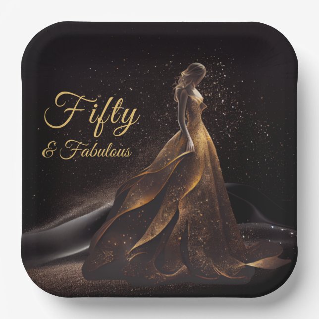 50 Fabulous Black Gold Glitter Sparkle  Paper Plate (Front)