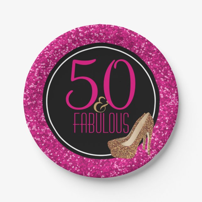 50 & Fabulous | Black Pink 50th Birthday Party Paper Plate (Front)