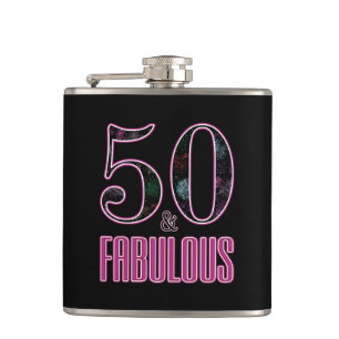 50 & Fabulous Black Pink Typography 50th Birthday Hip Flask