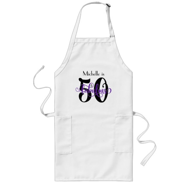 50 & Fabulous Black & Purple Typography Birthday Long Apron (Front)