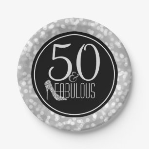 50 & Fabulous   Black Silver 50th Birthday Party Paper Plate
